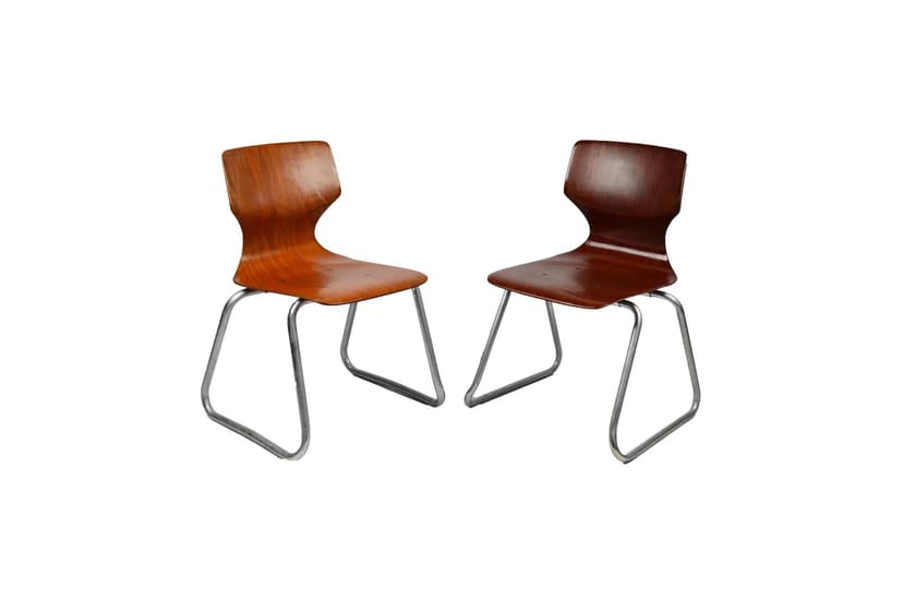 Pair of children's chairs Flototto, brown bent plywood, chrome steel, by F. Flototto, Germany, 1960s.