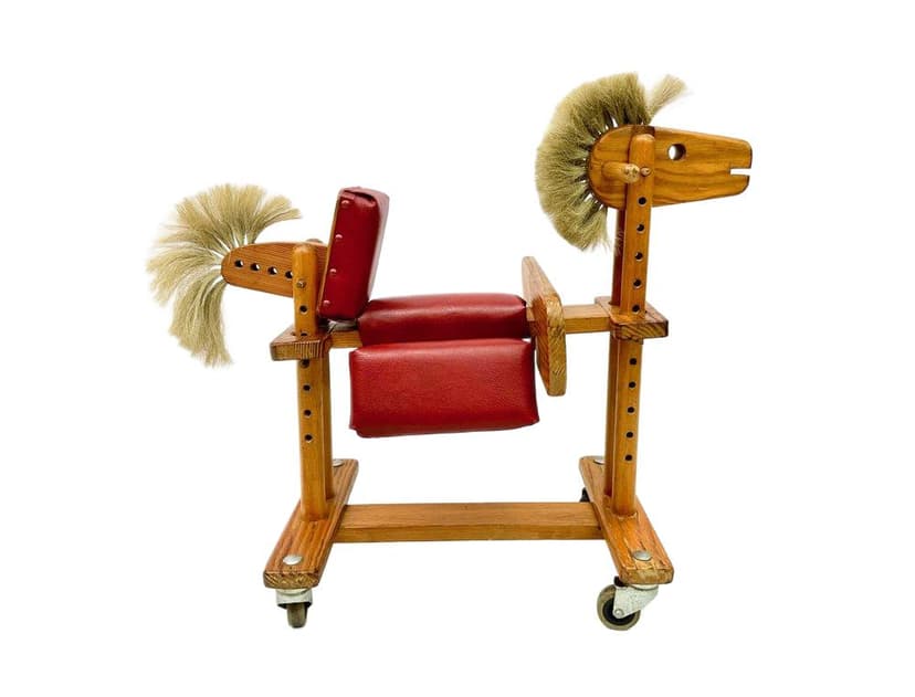 Baby walker, brown, wood, red artificial leather, metal, Germany, 1960s.