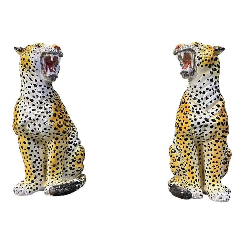 Pair of leopard sculptures, multicolor terracotta, Italy, 1970s.