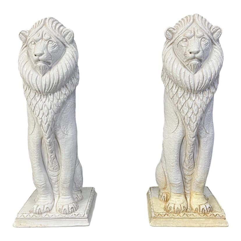Pair of Renaissance lion sculptures, white terracotta, Italy, 1950s.