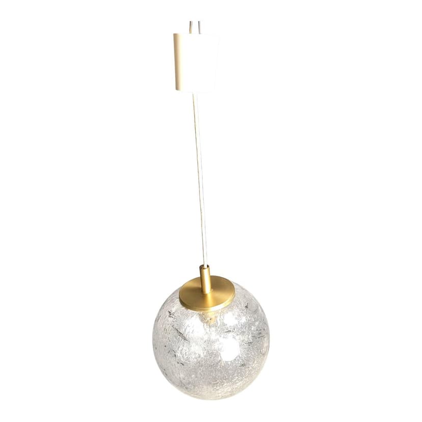 Pendant lamp, globe, clear glass, gold metal, Doria Leuchten, Germany, 1960s.