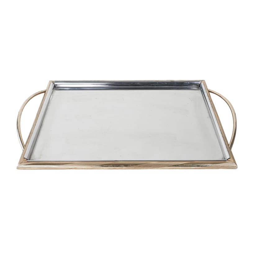 Rectangular tray, silver stainless steel, gold brass, Italy, 1970s.