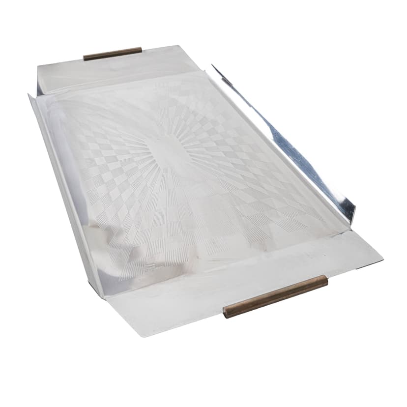 Tray, silver stainless steel, gold steel handles, Italy, 1970s.