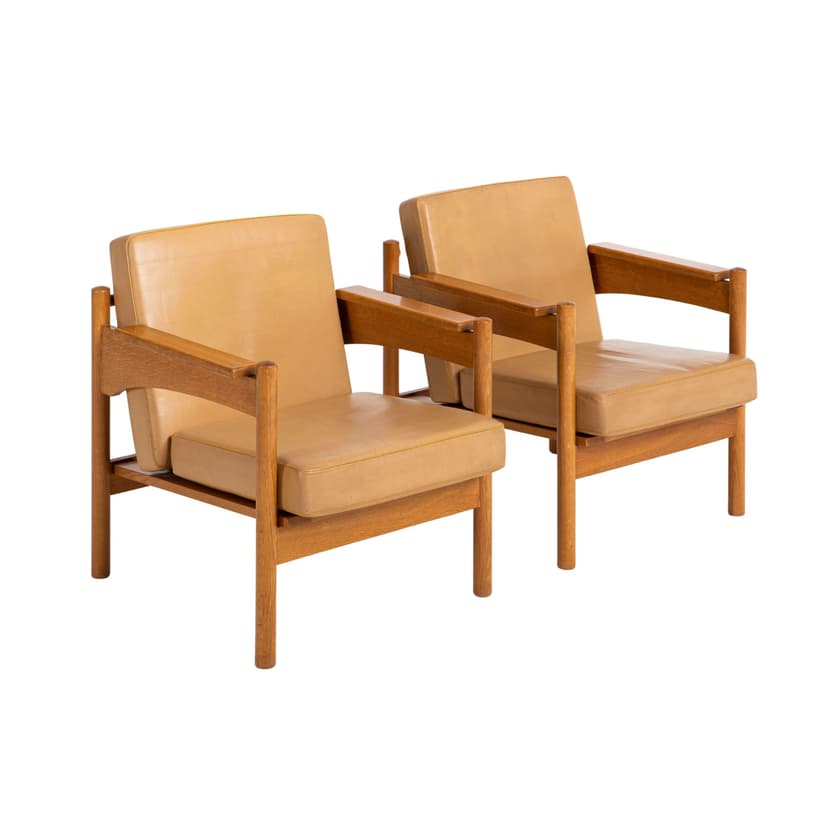 Para foteli, dąb, skóra beżowa, Uluv Krasna Jizba, Czechosłowacja, lata 60.