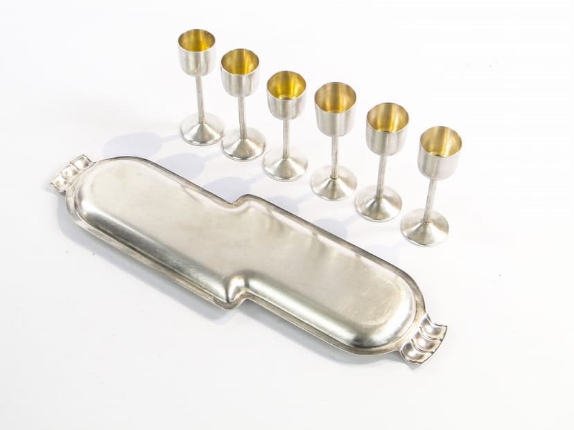 Komplet kieliszków z tacą, Art déco, srebrny, mosiądz, Austria, lata 20.