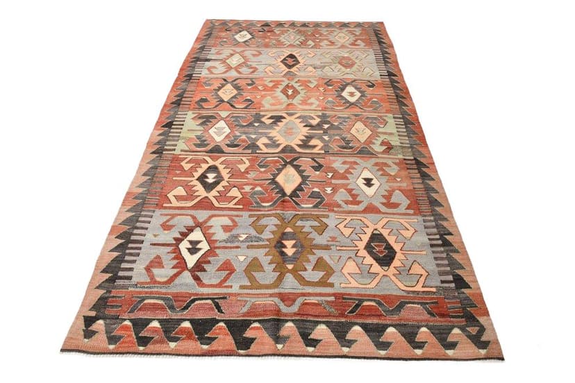 Kilim 292x160 cm, czerwony, brązowy, wełna, lata 70.