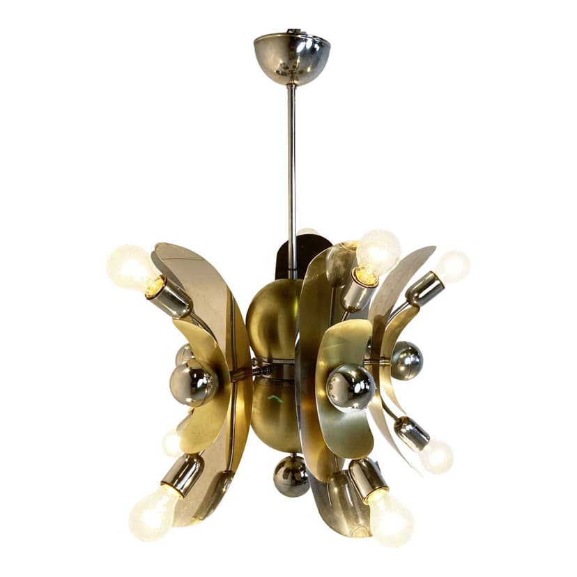 Żyrandol Space Age, mosiądz złoty, chrom srebrny, Włochy, lata 70.