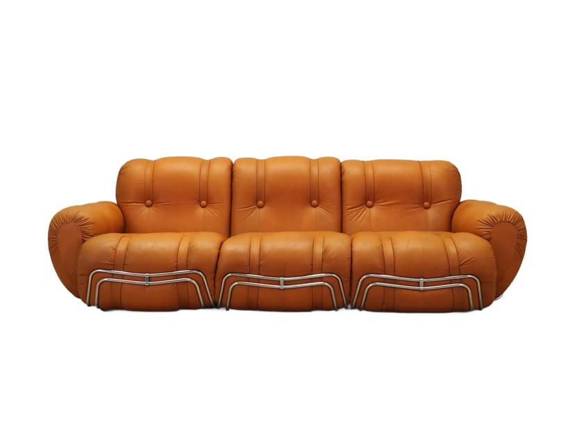 Sofa Space Age, ekoskóra pomarańczowa, metal chromowany, Włochy, lata 60.