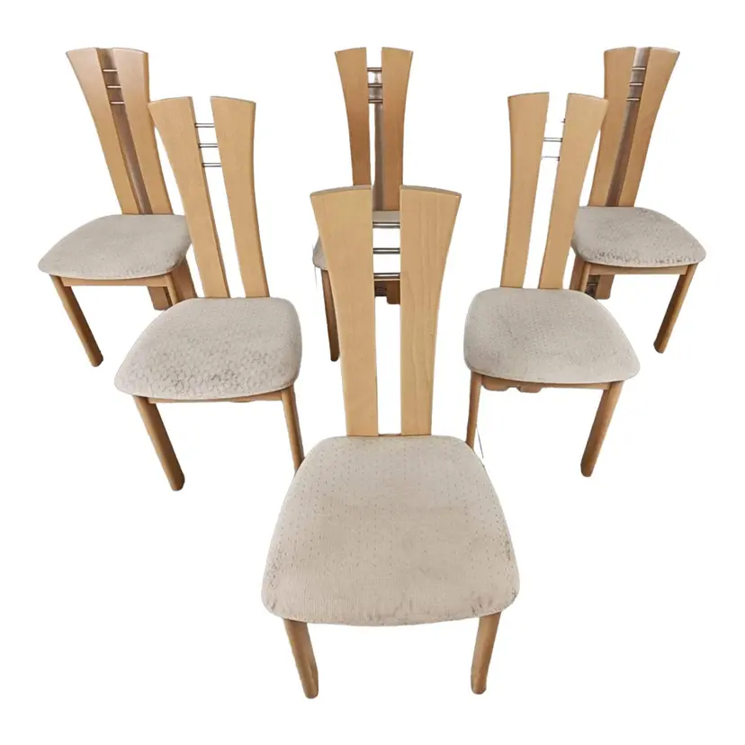 Zestaw sześciu krzeseł, dąb naturalny, metal, tkanina beżowa, Belgia, lata 80.