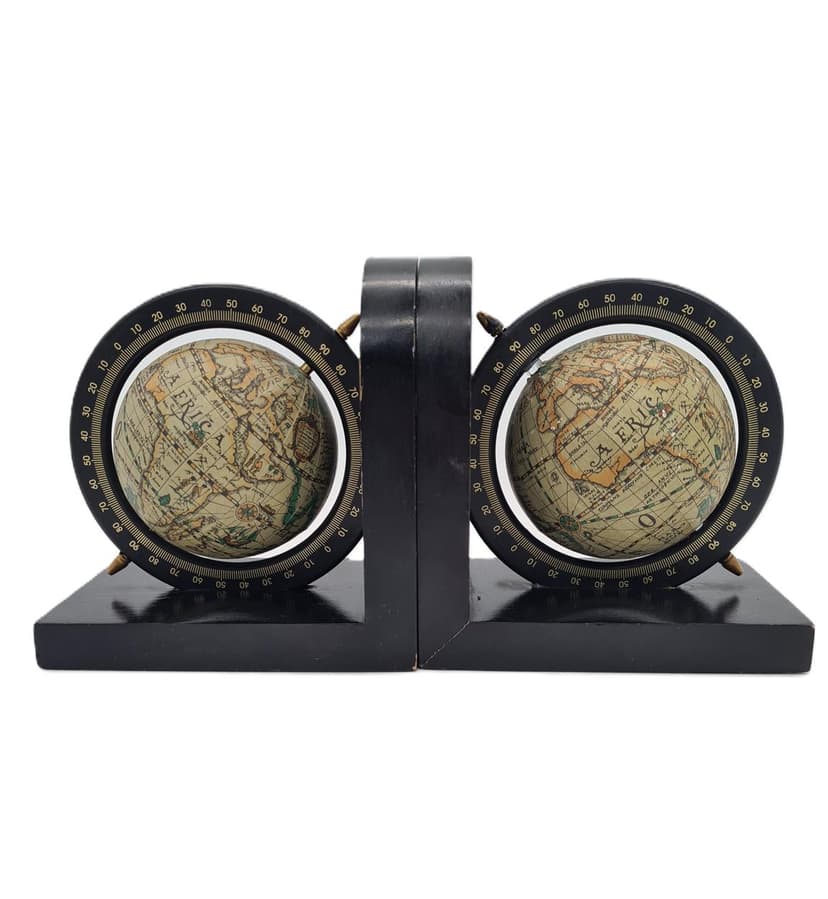 Para podpórek do książek, mid-century modern, drewno lakierowane czarne, metal, papier, lata 70.